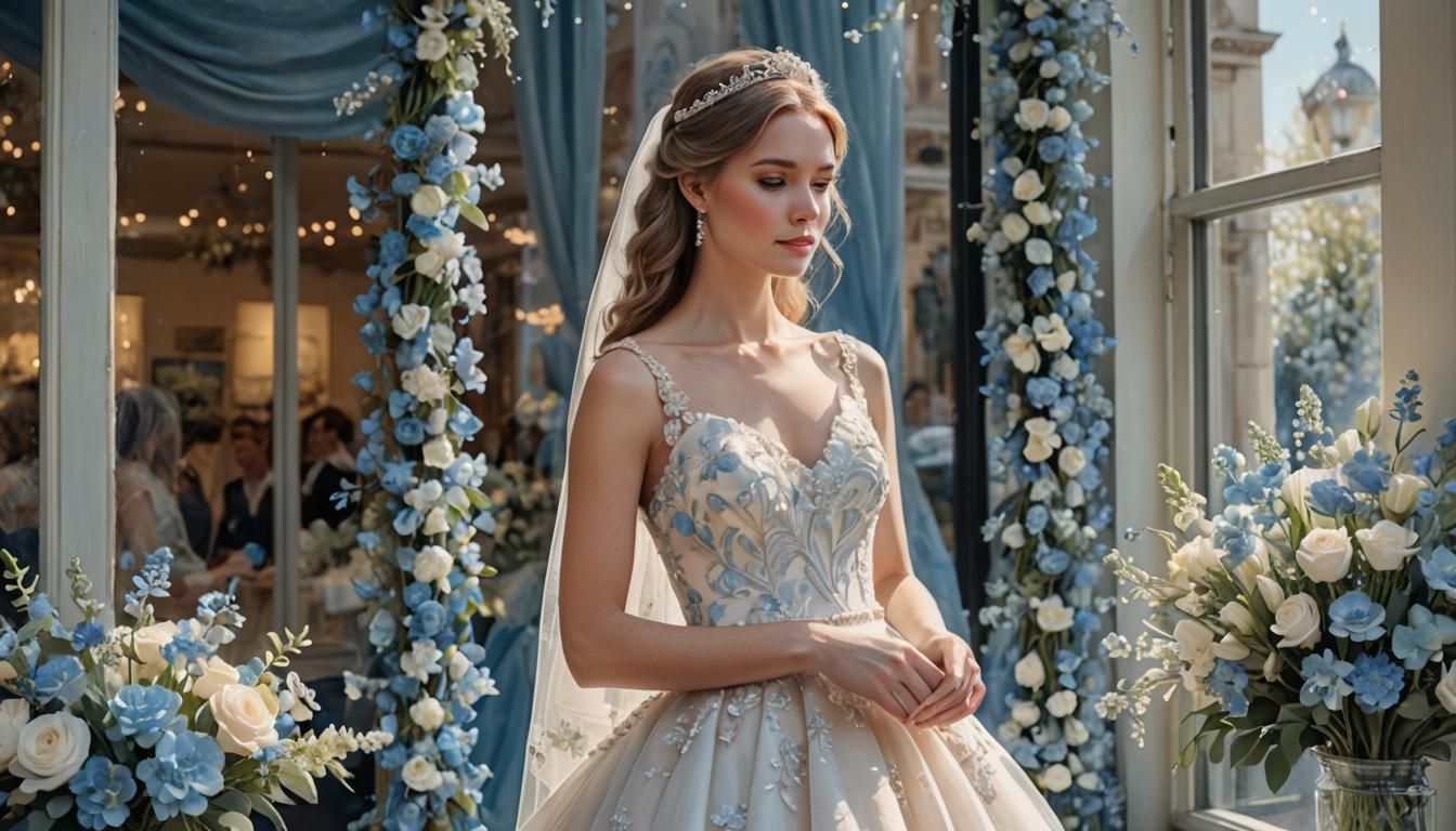 Bride in Pastel Watercolor With Blue Wedding Flowers