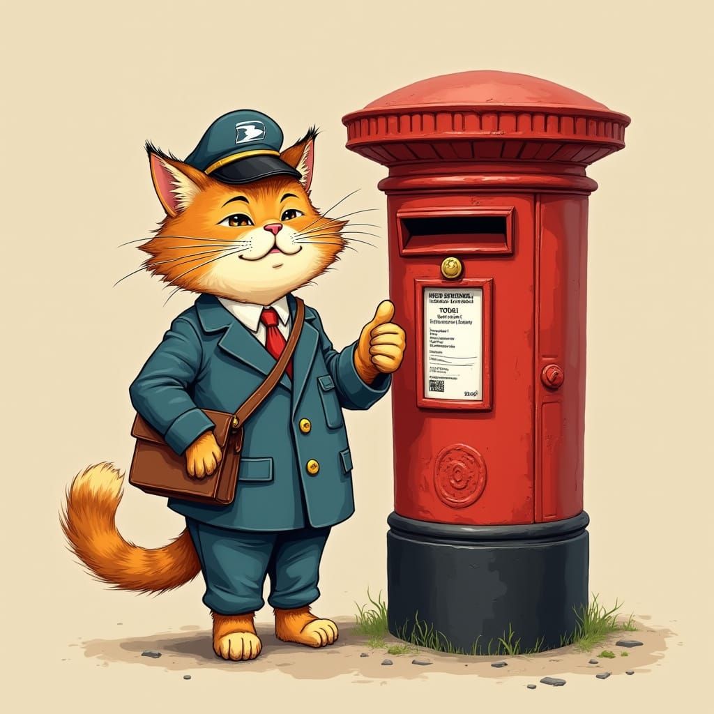 Whimsical Cartoon Post Cat Gives Joyful Thumbs Up