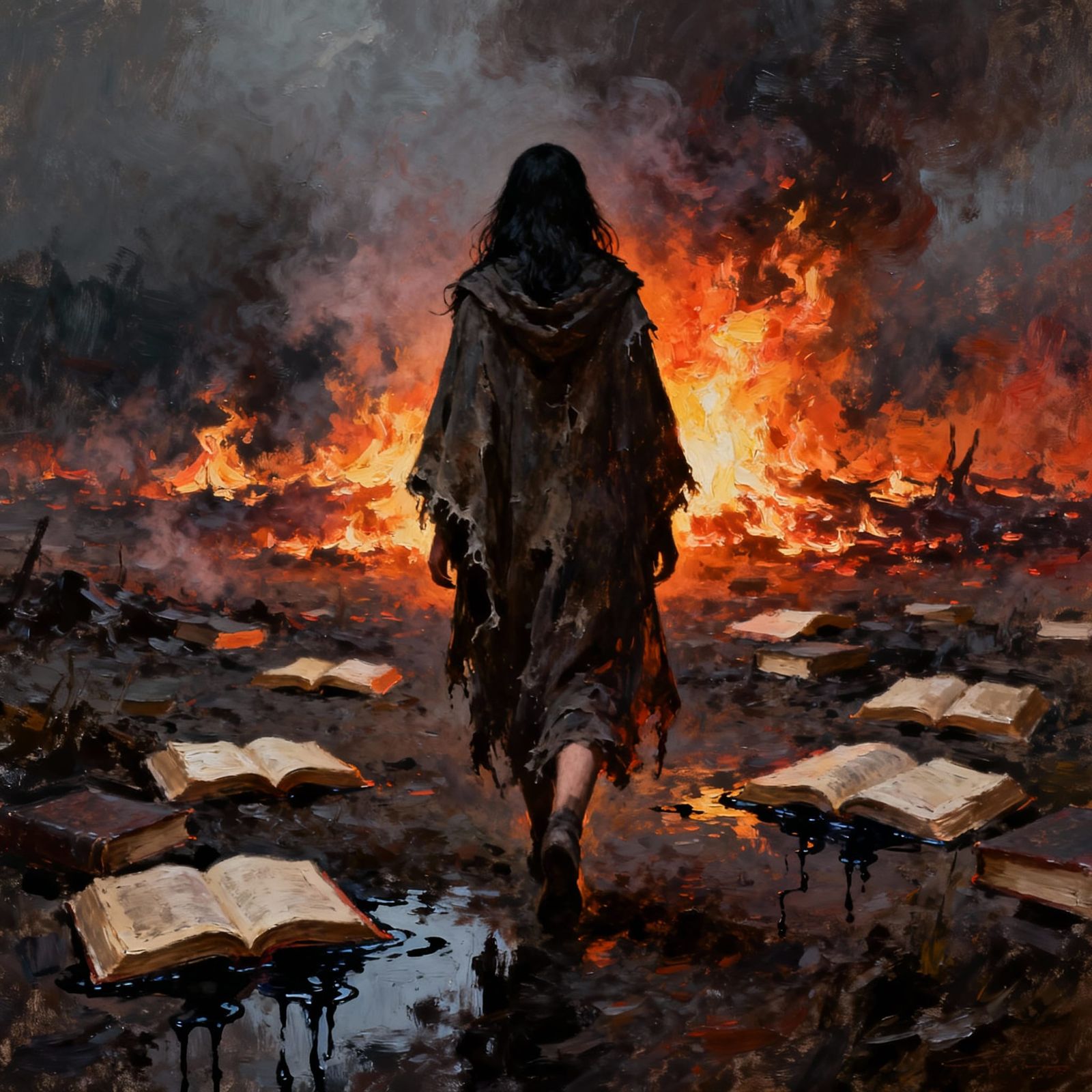 Woman Escapes Burning Battlefield of Books and Ink