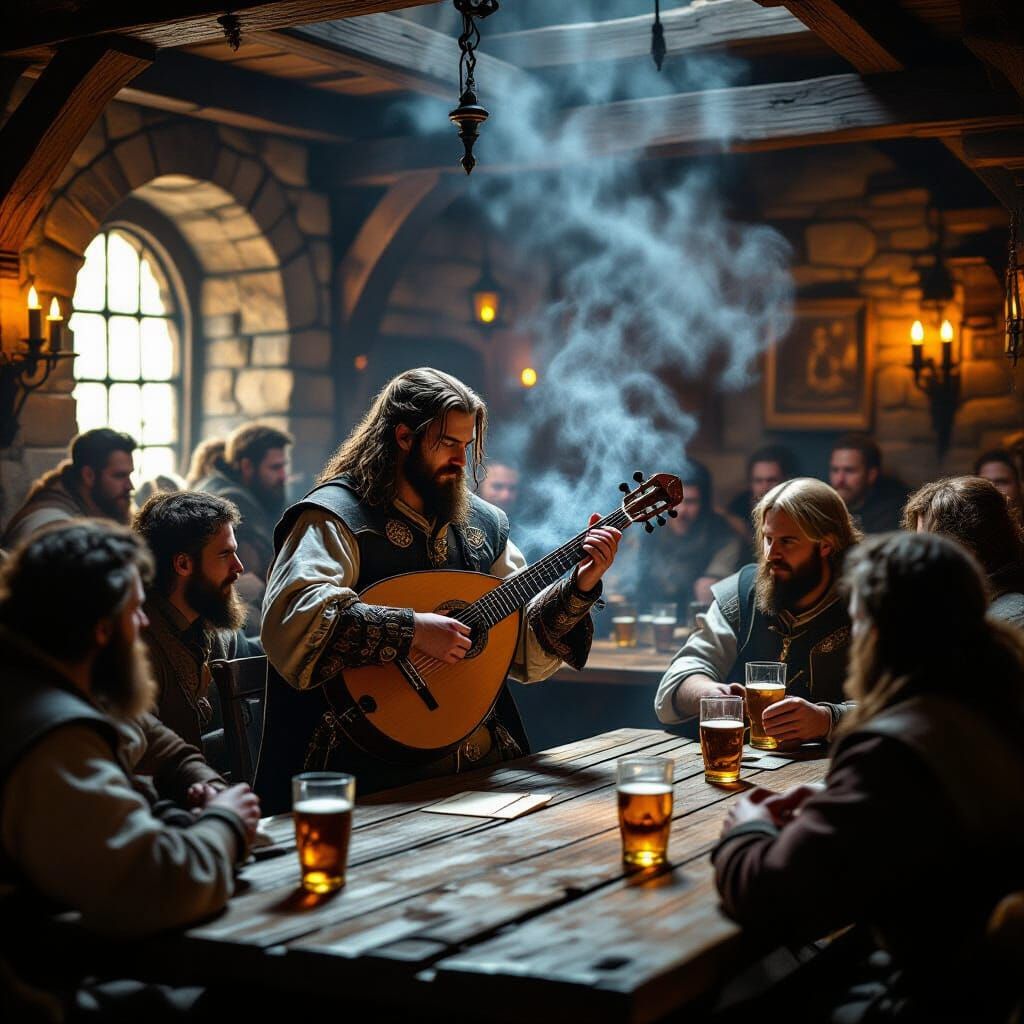 Bard Entertains in Bustling Medieval Tavern, Cinematic Reali...