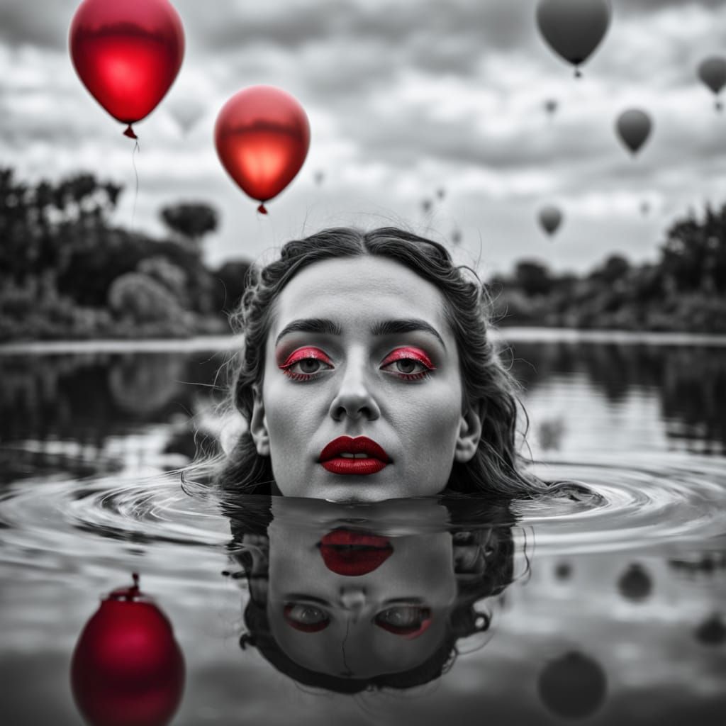 Dreamlike Surrealism: Woman, Balloons, and Landscape