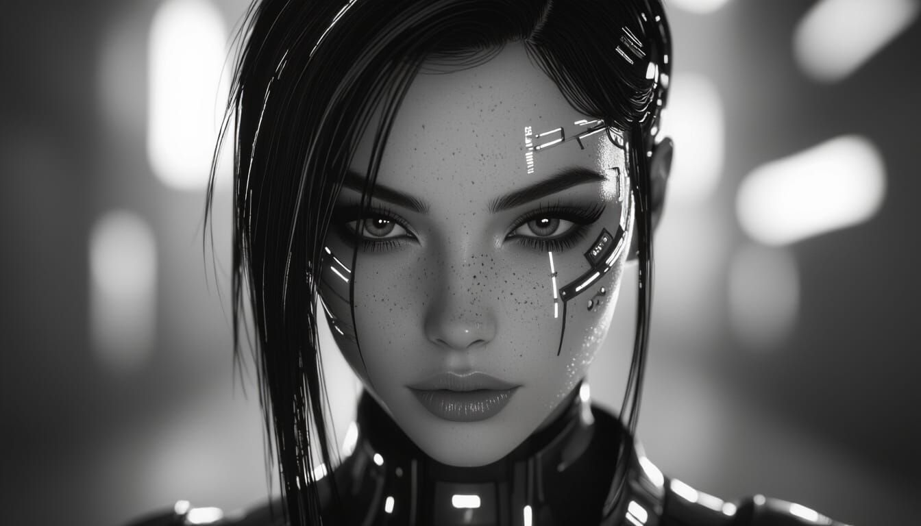 Cyberpunk Girl Face - Realistic Black and White Portrait