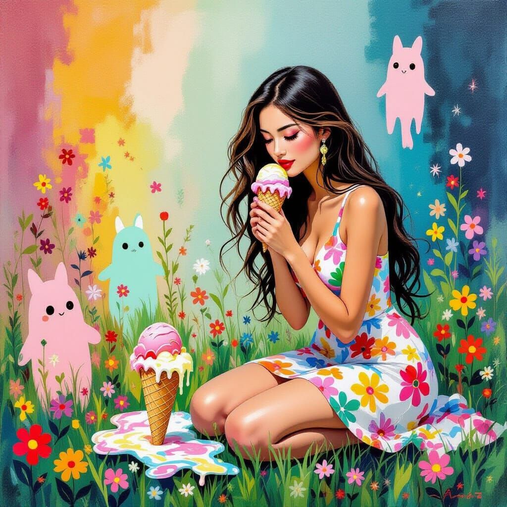 Woman and Melting Ice Cream: Surreal Pop Art Dreamscape