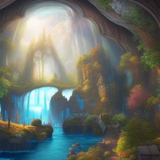 Cozy Library Overlooking Sapphire Waterfall in Fantasy Art