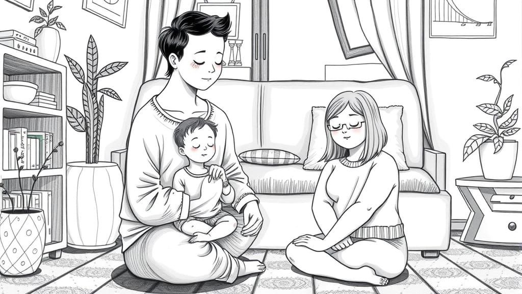 Cozy Family Moment in Intimate Black and White Illustration