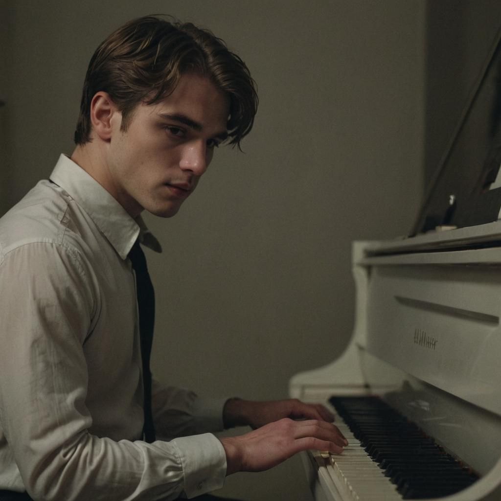 Moody Piano Player in Film Noir Style