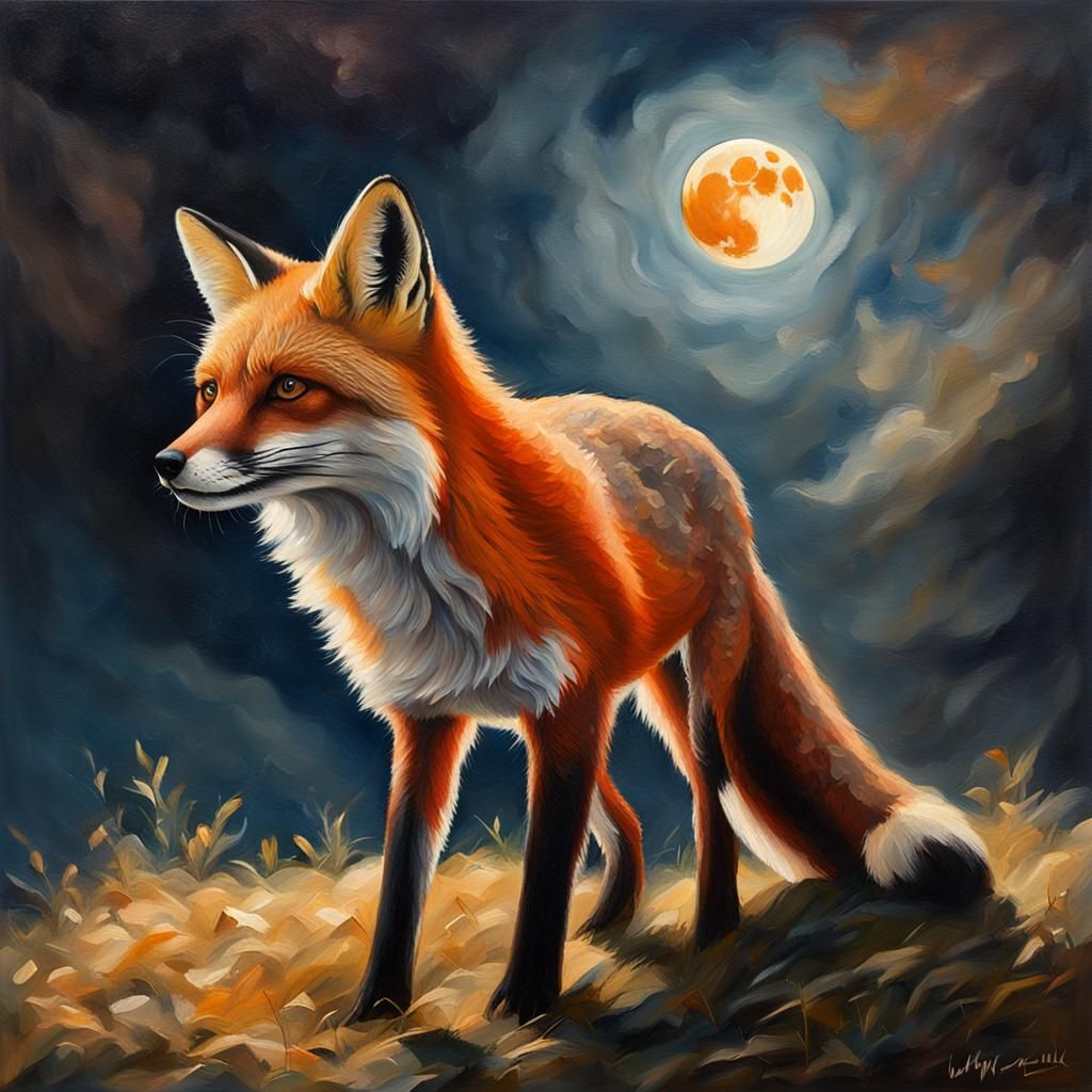 Fox Gazing at Full Moon in Oil Painting Style