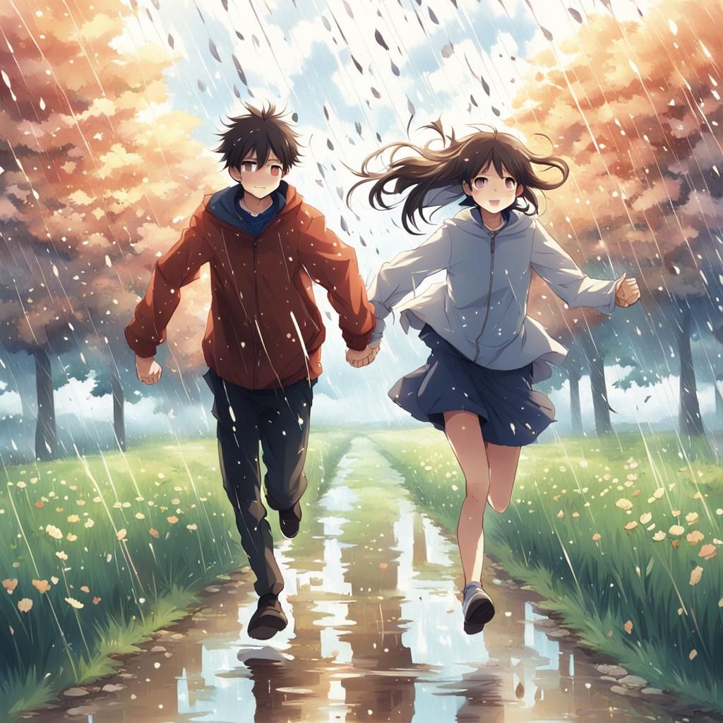 Anime-Style Couple Running in Rainy Field