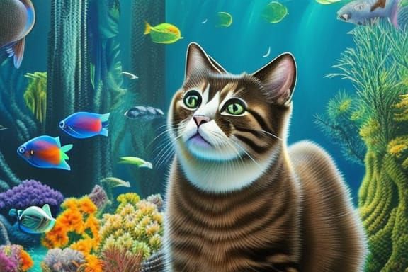 Cat Staring at Aquarium Fish, Hyperrealistic Style