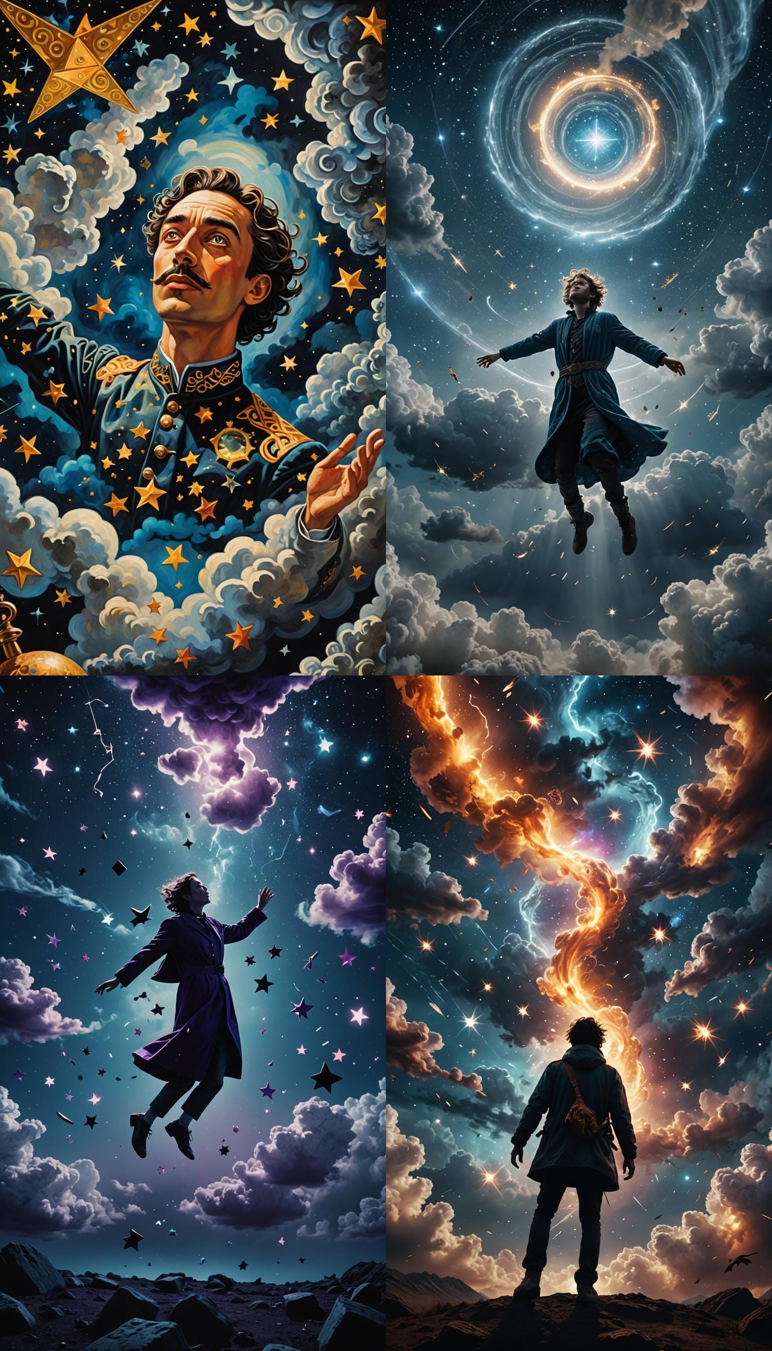 Surreal Dreamscape: Person Falling Through Stars and Clouds