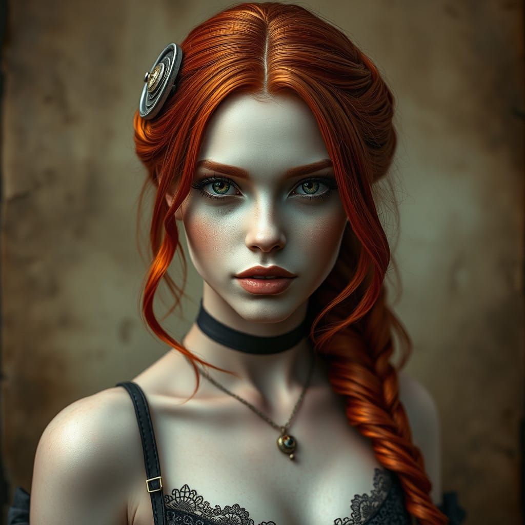 Enigmatic Red-Haired Woman in Steampunk Inspiration