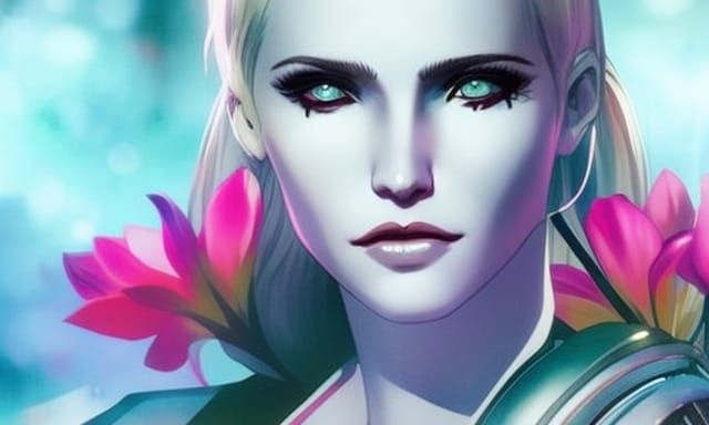 Beautiful Woman on Flowers in Cyberpunk Style