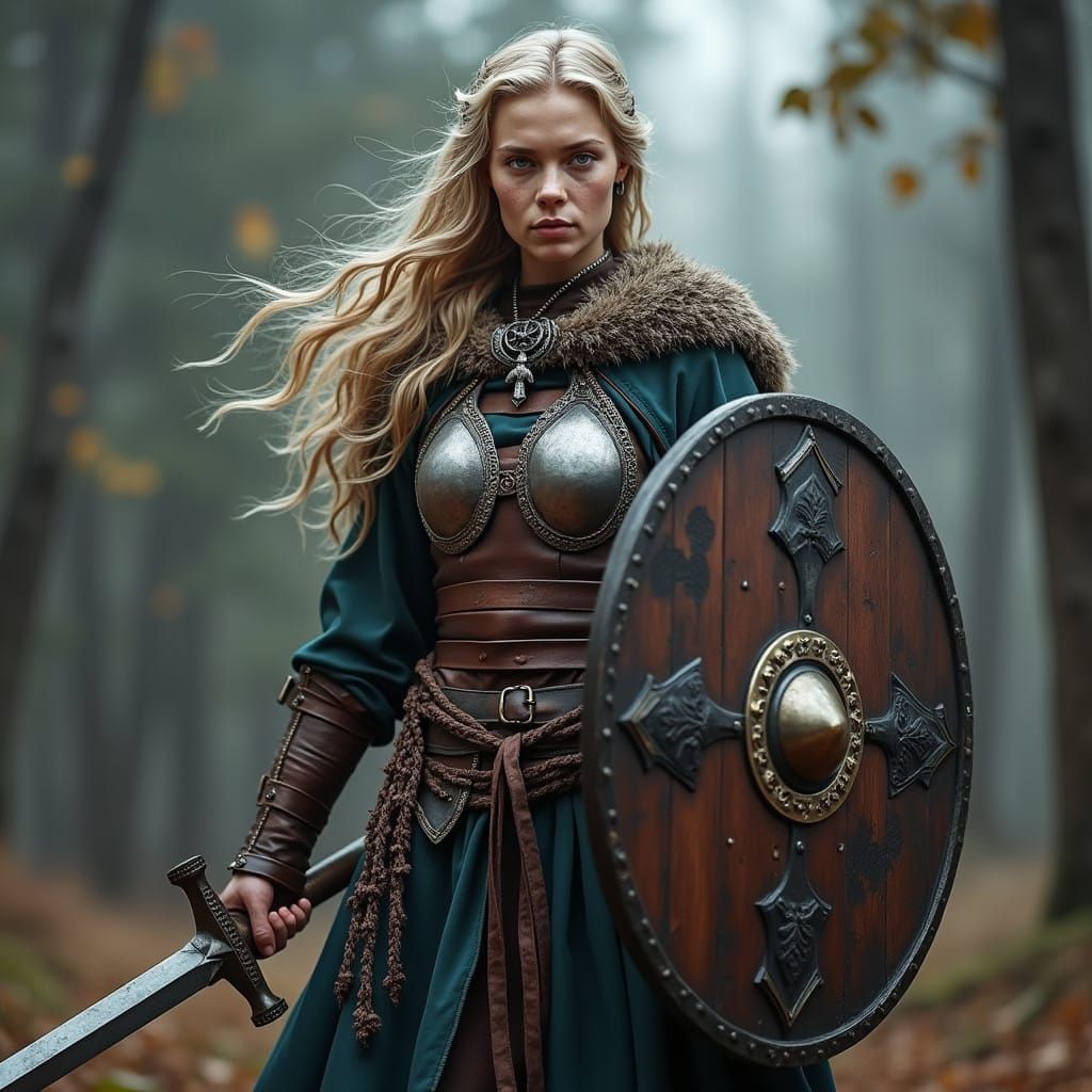 Epic Nordic Warrior Maiden with Battle-Scarred Shield