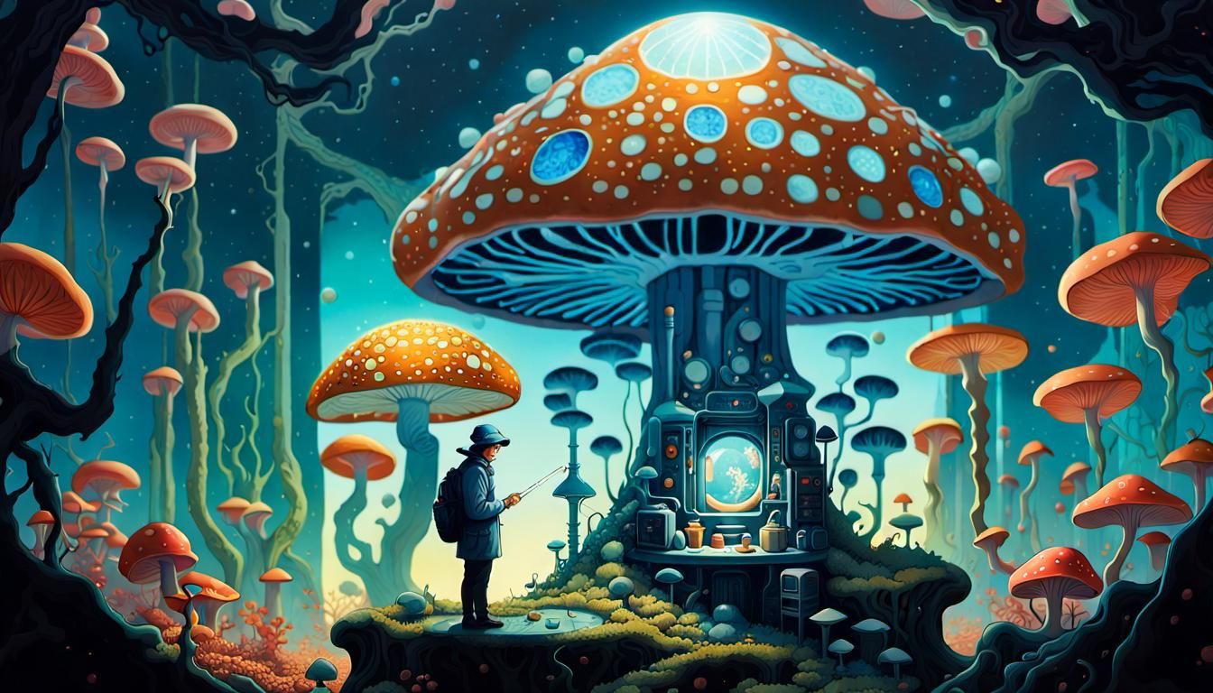 Surreal Shroom Hunter's Celestial Laboratory: Detailed Digit...