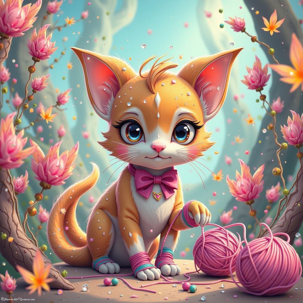 Cartoon Kitten Plays with Yarn in Fantasy World