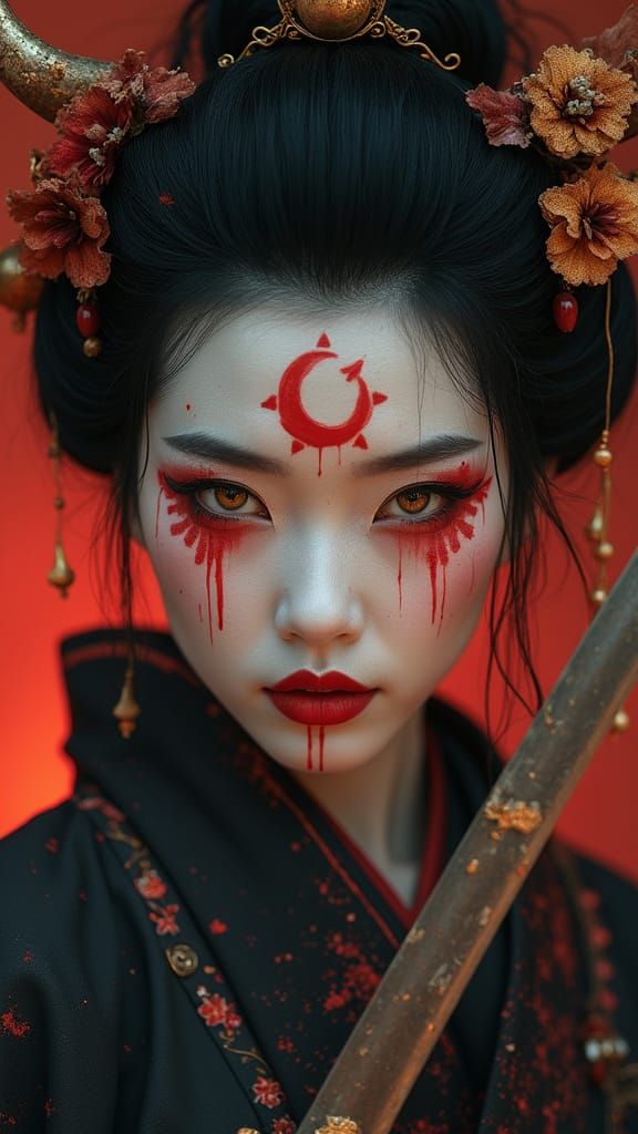 Hyperrealistic Geisha-Samurai Warrior Portrait