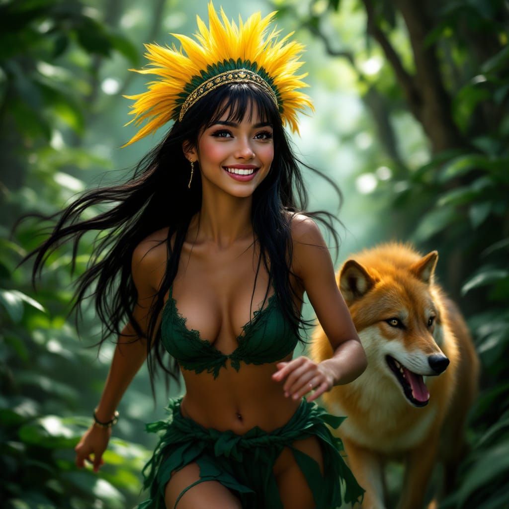 Brazilian Woman Running Through Jungle with Wolf