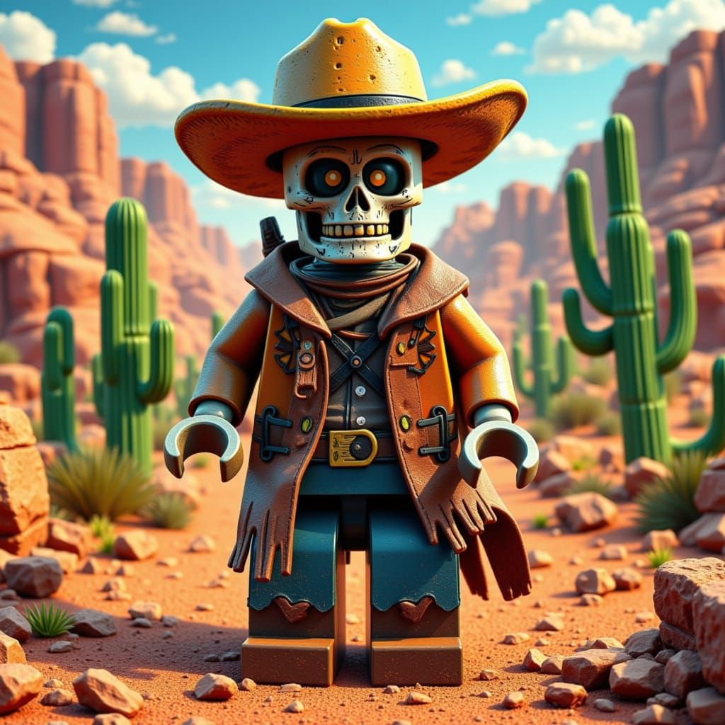 Lego Skeleton Cowboy in Desert, Graffiti Art Style