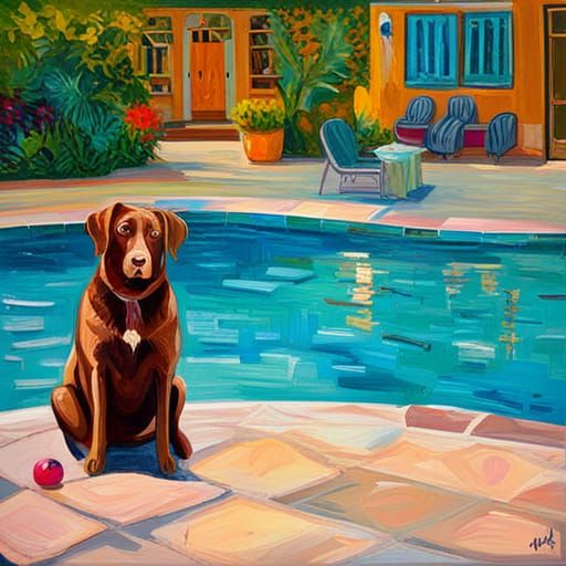Labrador and Tabby Poolside in Expressionist Oil Painting