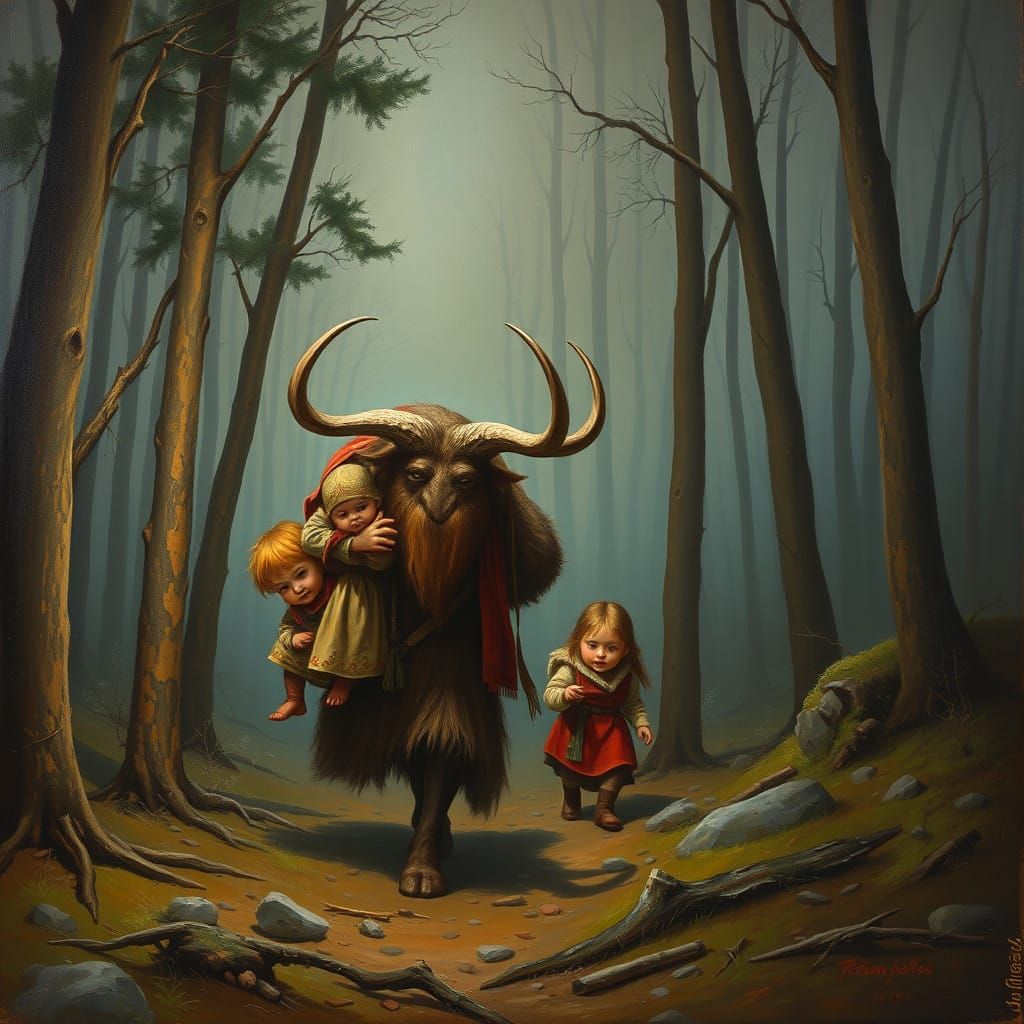 Krampus Leads a Sack of Children Through Dark Woods in an Oi...