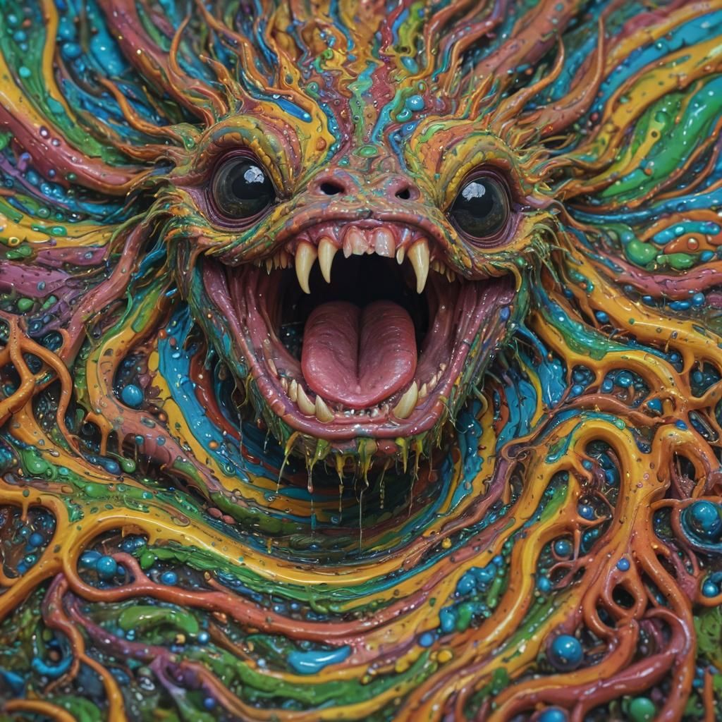 Psychedelic Ooze Monster Family in Surreal Abstract Landscap...