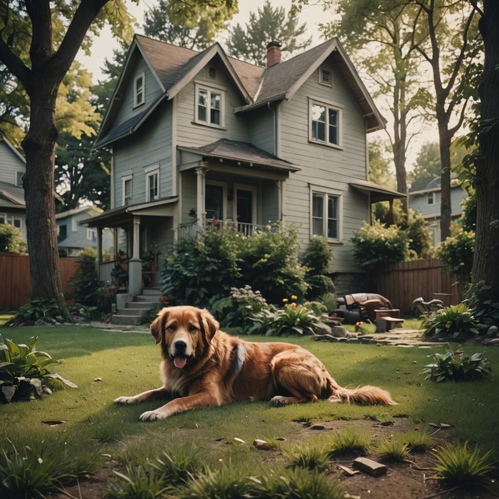 Cinematic House Portrait with Dog in Yard