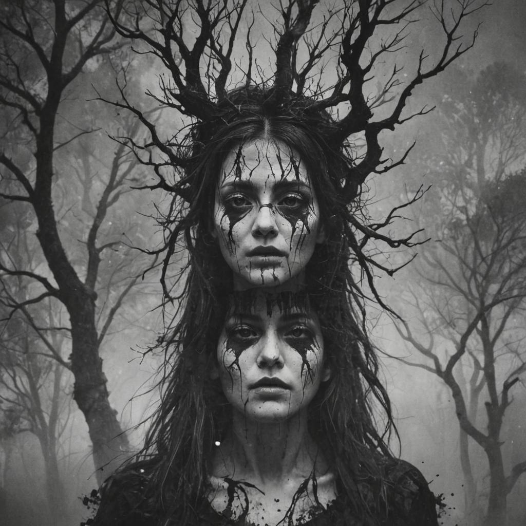 Eerie Double Exposure Witch in Dark Surrealism