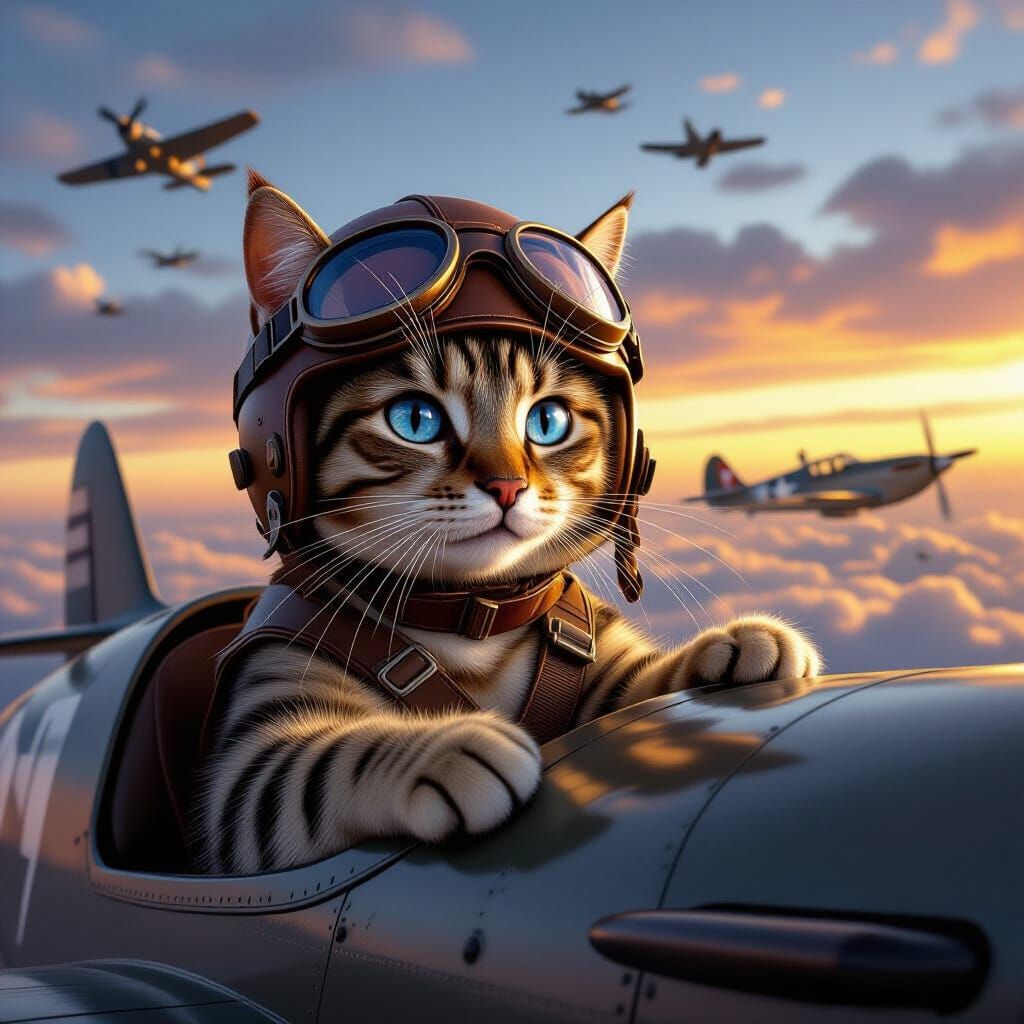 Cat Aviator in WWII Air Battle, Photorealistic Style