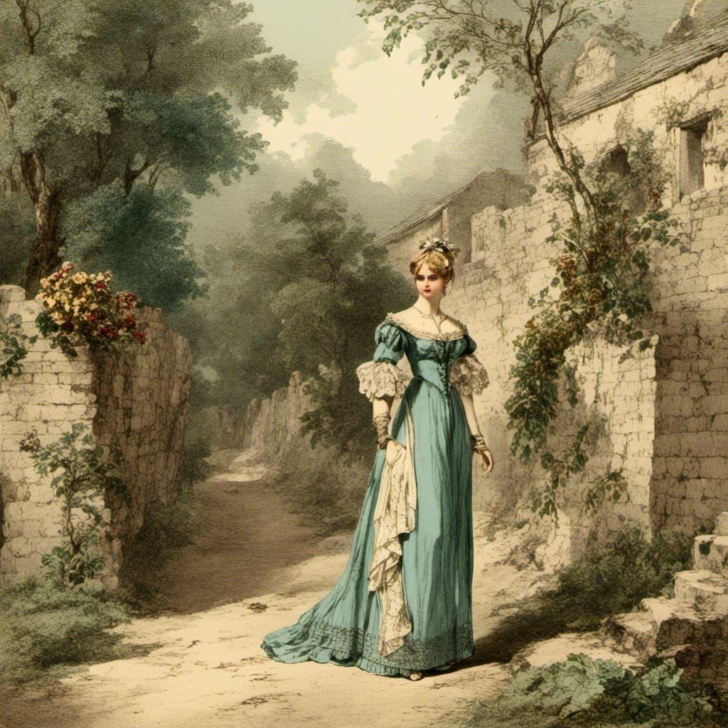 Elegant Woman in Regency Dress in Village Lane