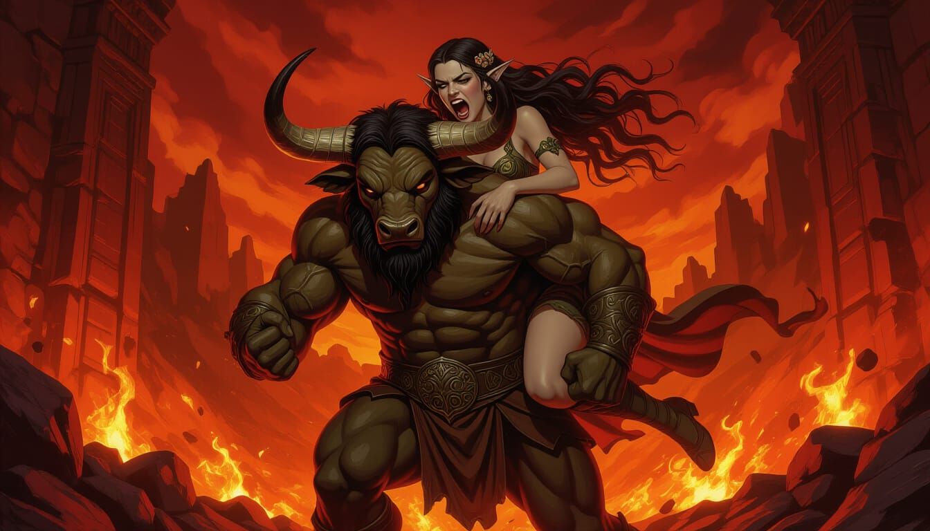 Minotaur Carries Struggling Elf Woman in Michelangelo Style