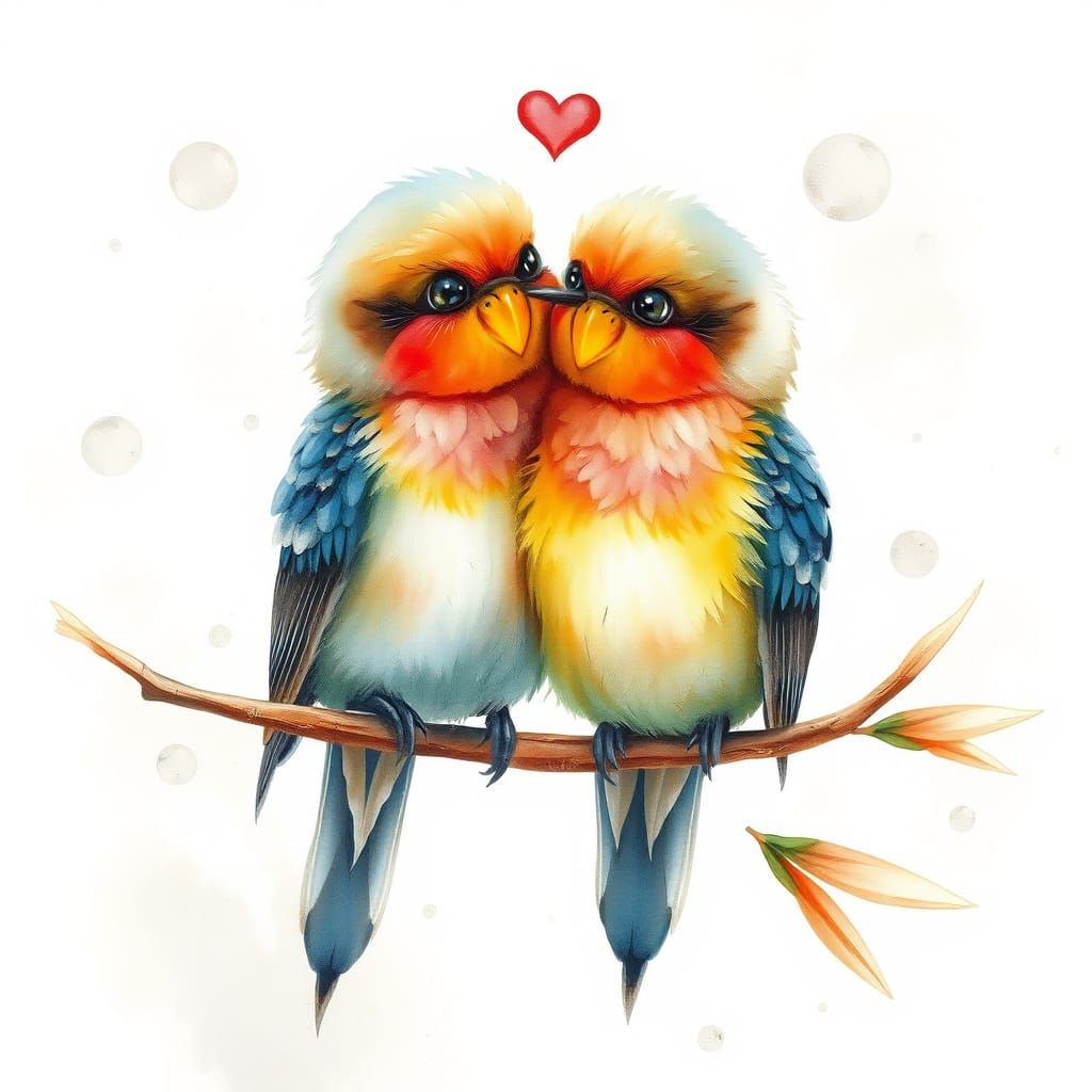 Lovebirds on Bamboo in Watercolour Aesthetic