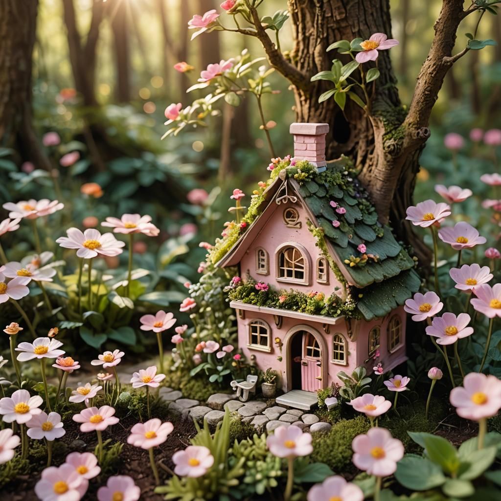 Whimsical Fairy Garden with Pink Cottage
