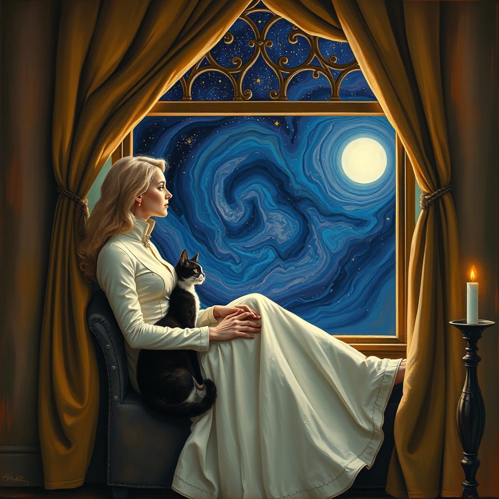 Woman in Ethereal Evening Gown Amidst Distorted Oil Painting...