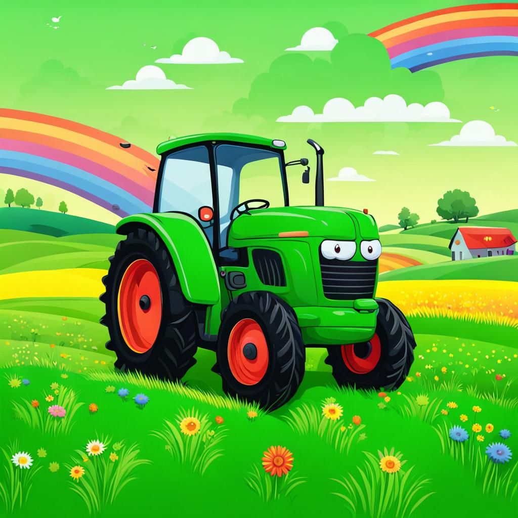 Cheerful Rainbow Tractor Cartoon in Green Field
