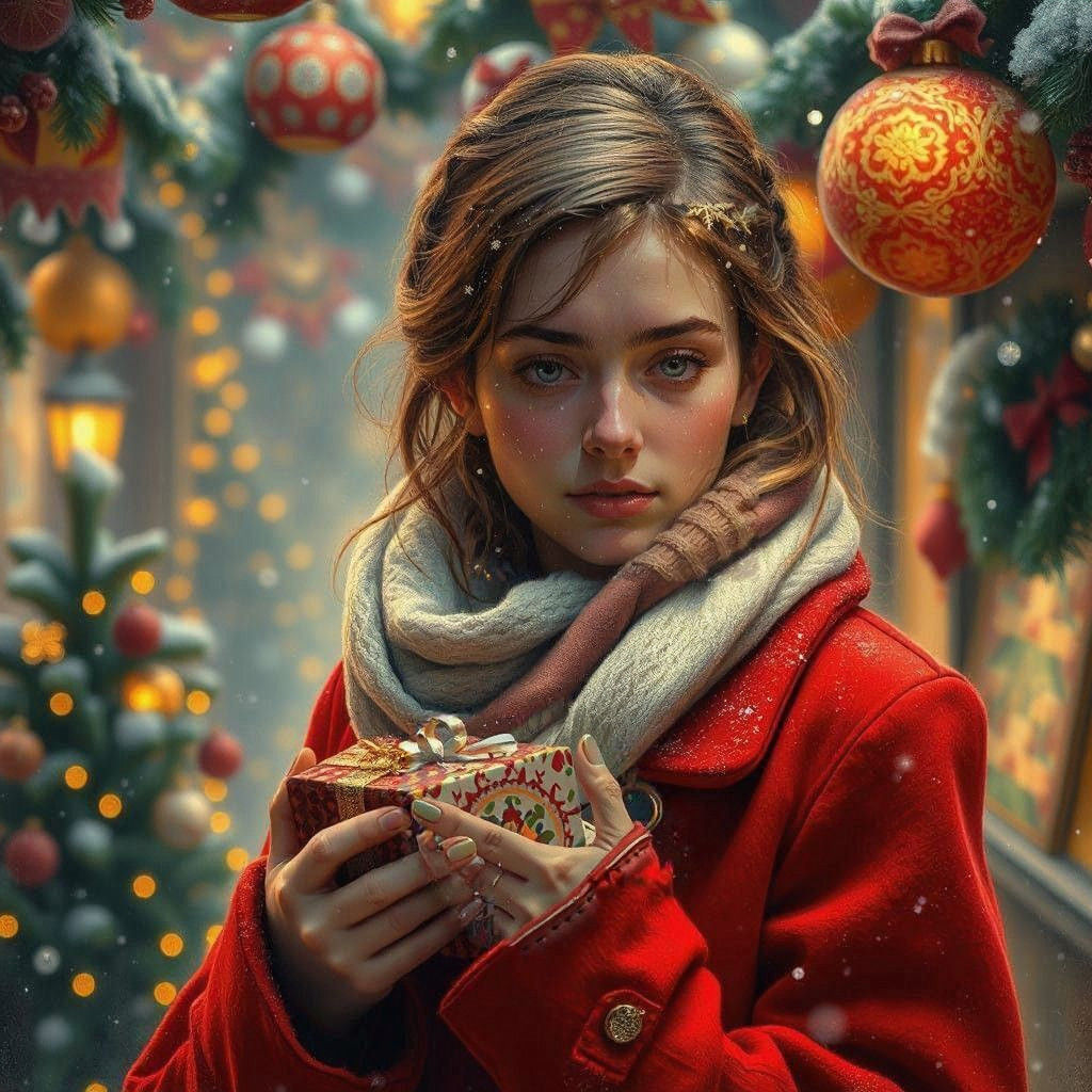 A Young Woman Surrounded by Christmas Decorations in Moody W...