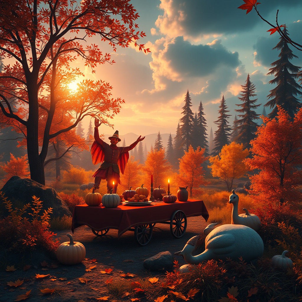 Dreamlike Thanksgiving Scene in Autumn Forest