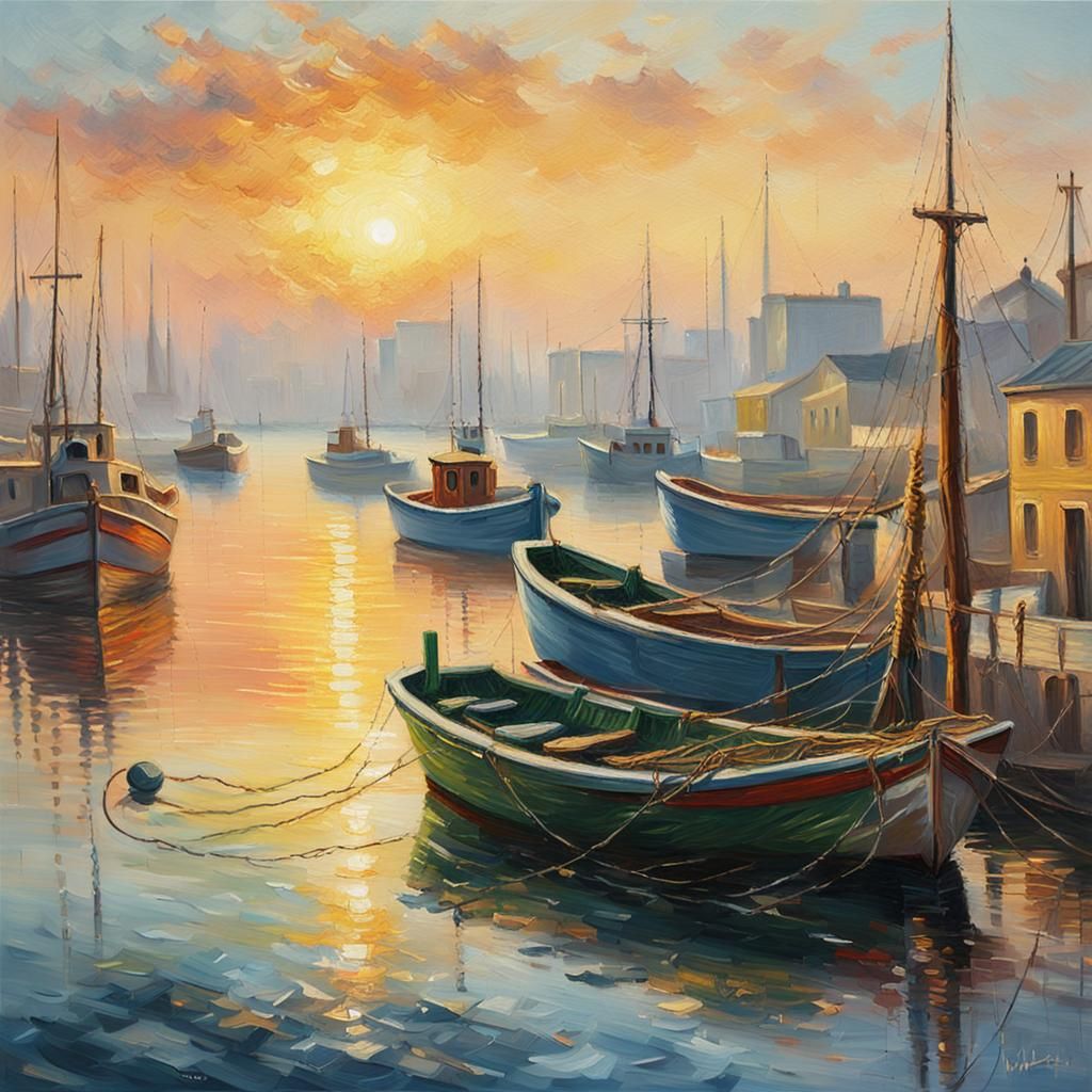 Fishing Boat at Sunrise: Impressionist Oil Painting