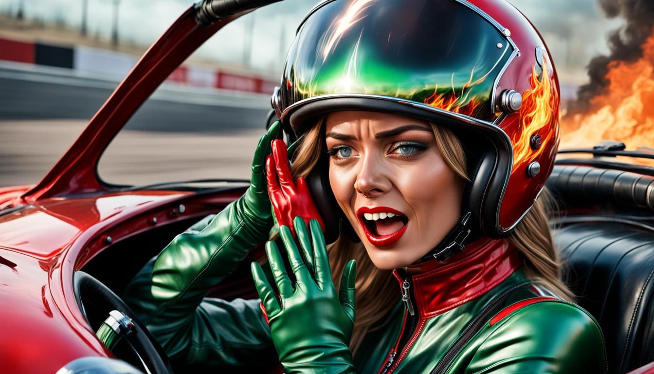 Racing Girl in Burning Car: Hyperrealistic Portrait