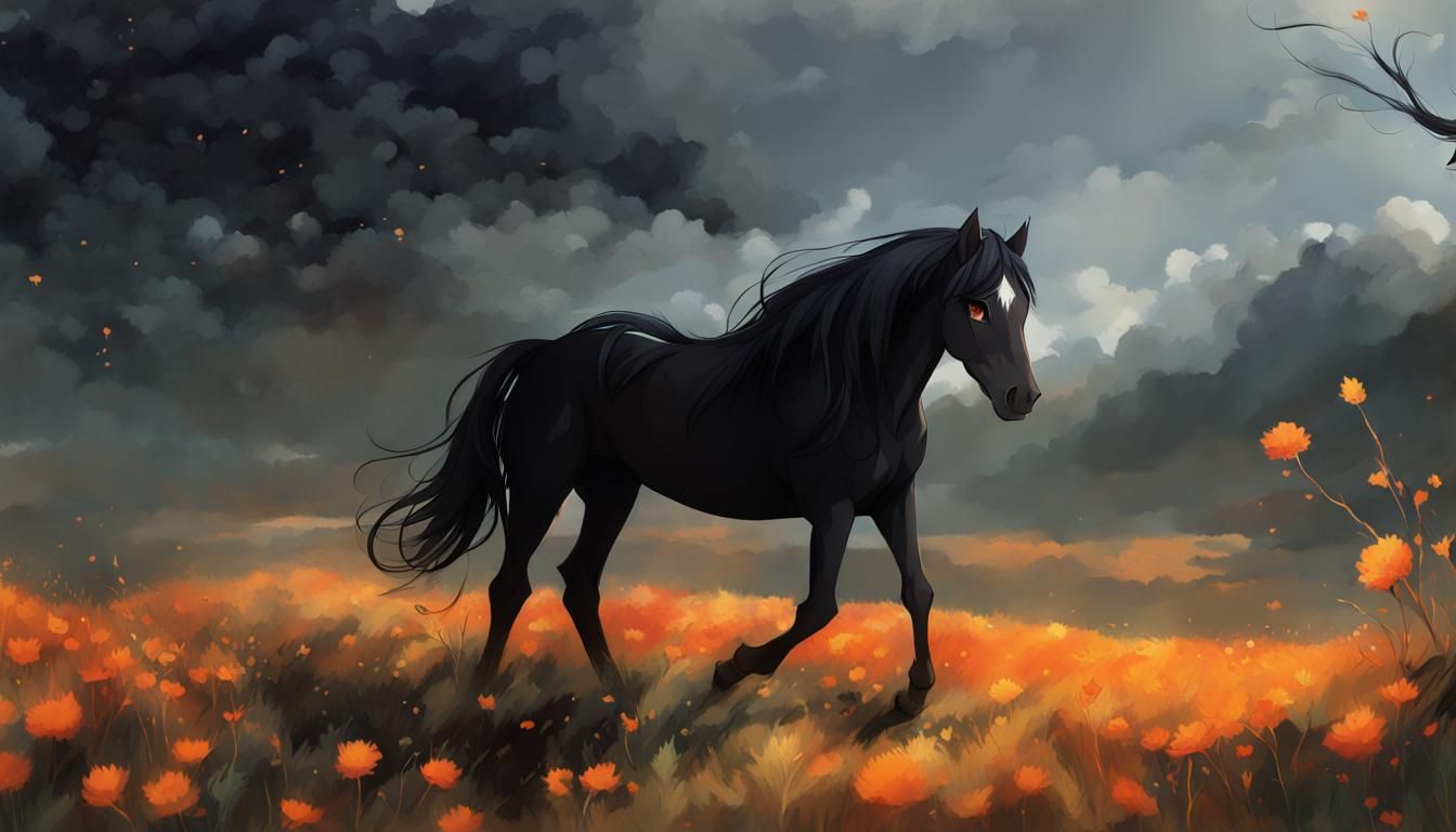 Young Black Horse in Orange Meadow, Anime Style