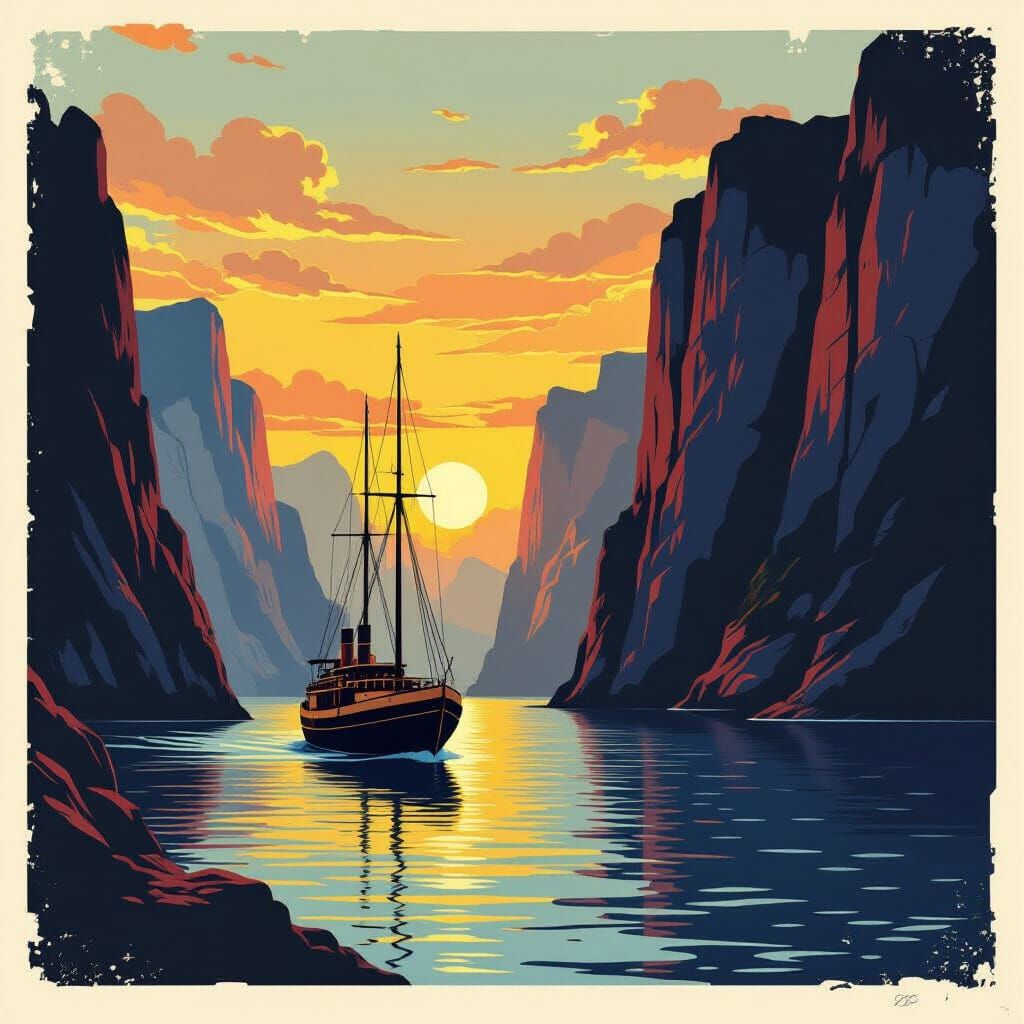 Majestic Ship at Twilight in Vintage Poster Style