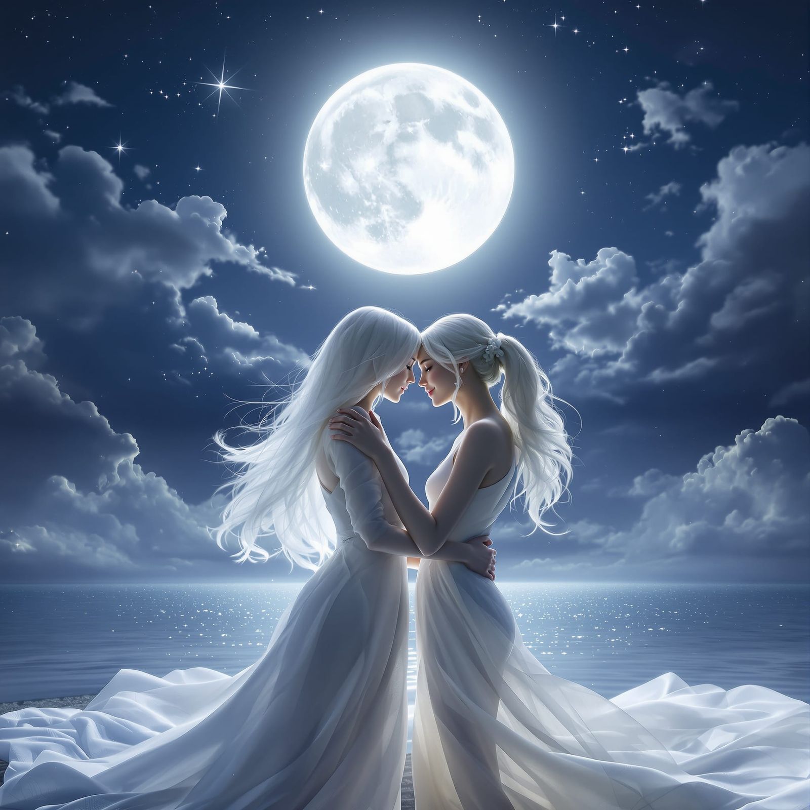 Romantic Lunar Embrace in Airbrushed Style
