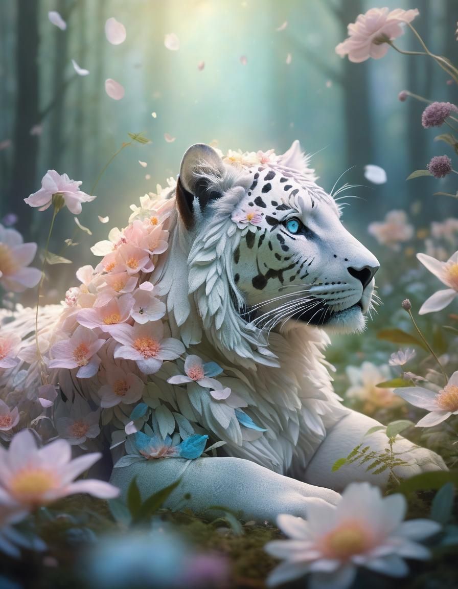Ethereal Floral Animal in Forest: Digital Art
