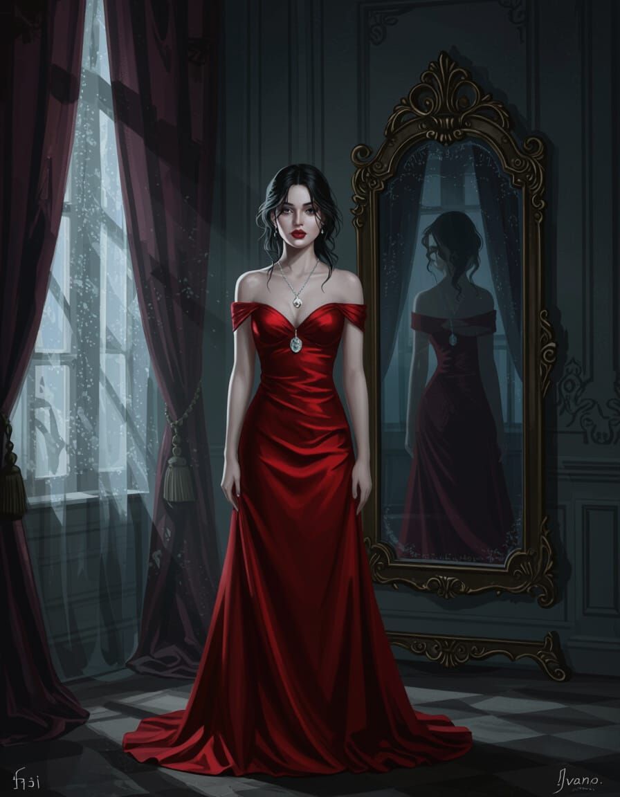 Eerie Mansion Scene with Woman in Red Gown