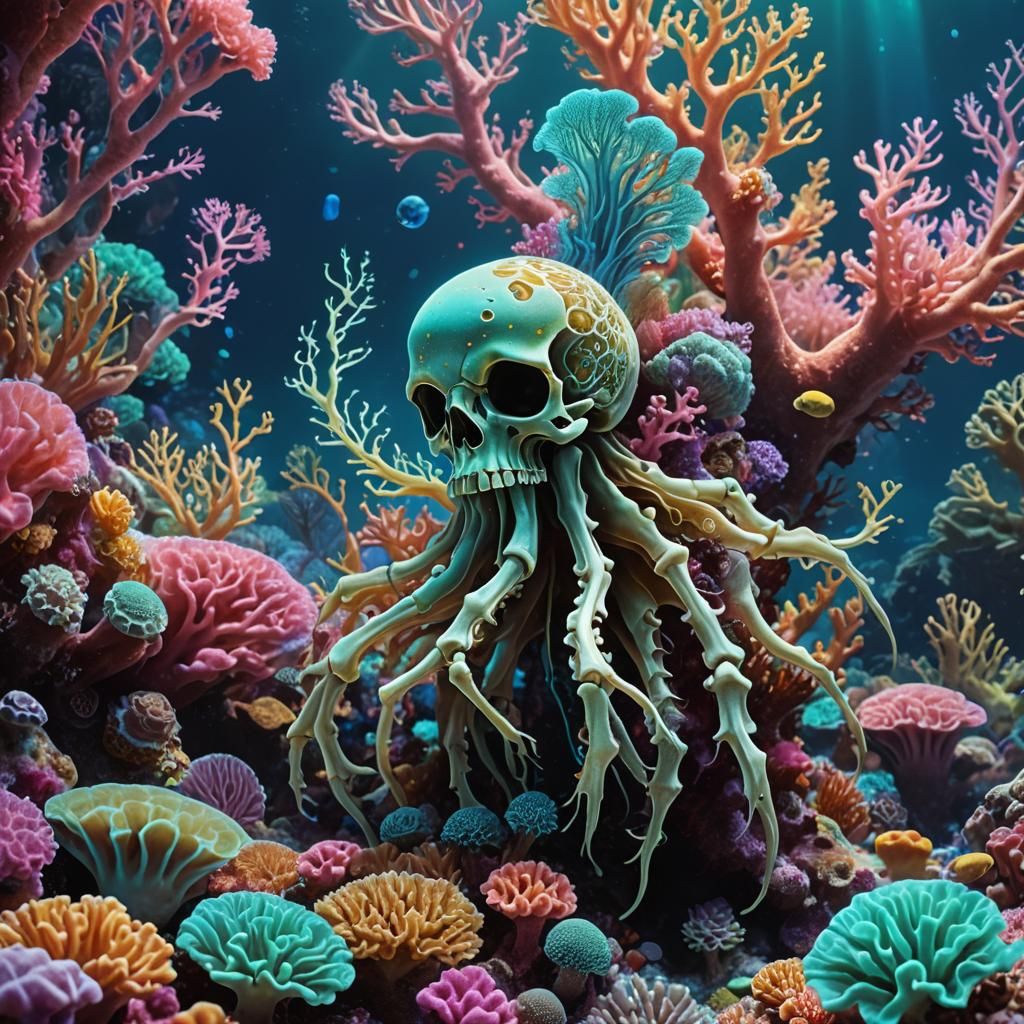 Bioluminescent Skeleton Sea Squirt on Coral Reef