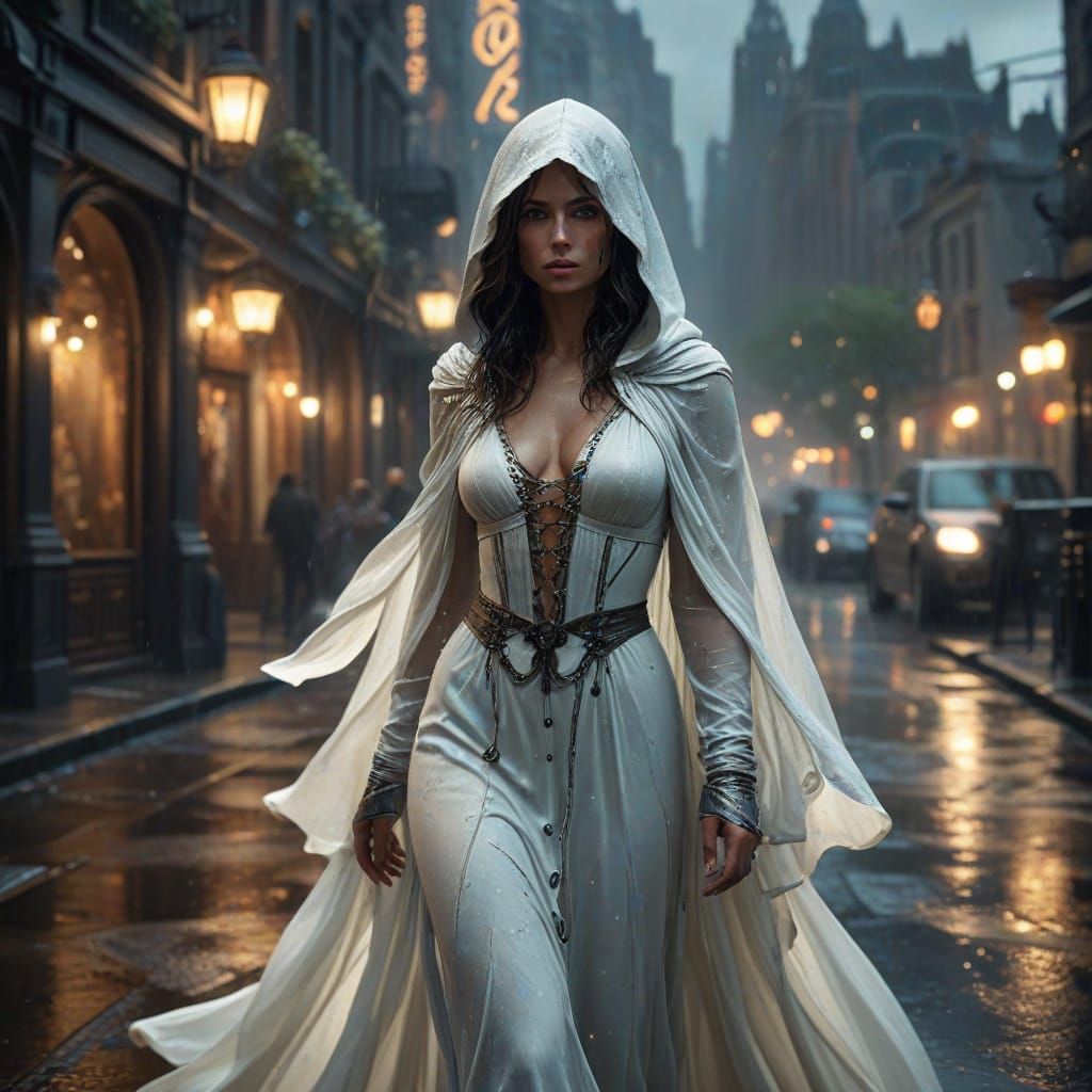 Rogue Woman in Art Nouveau-Inspired Wet Street Scene