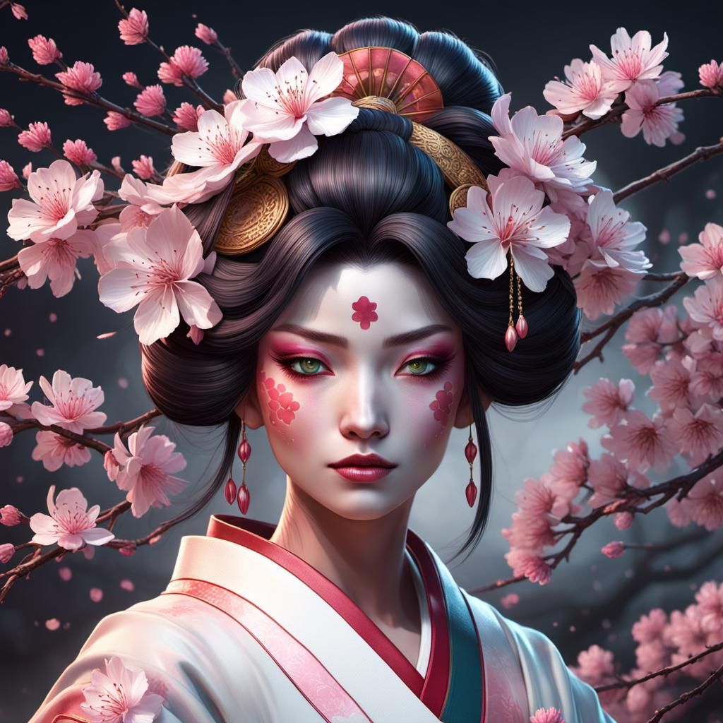 Geisha Dragon Hybrid Portrait in Art Nouveau Style