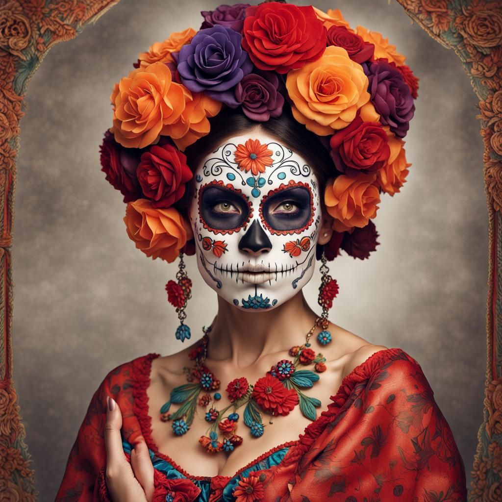 Day of the Dead Fashion Portrait in Hyperrealistic Style