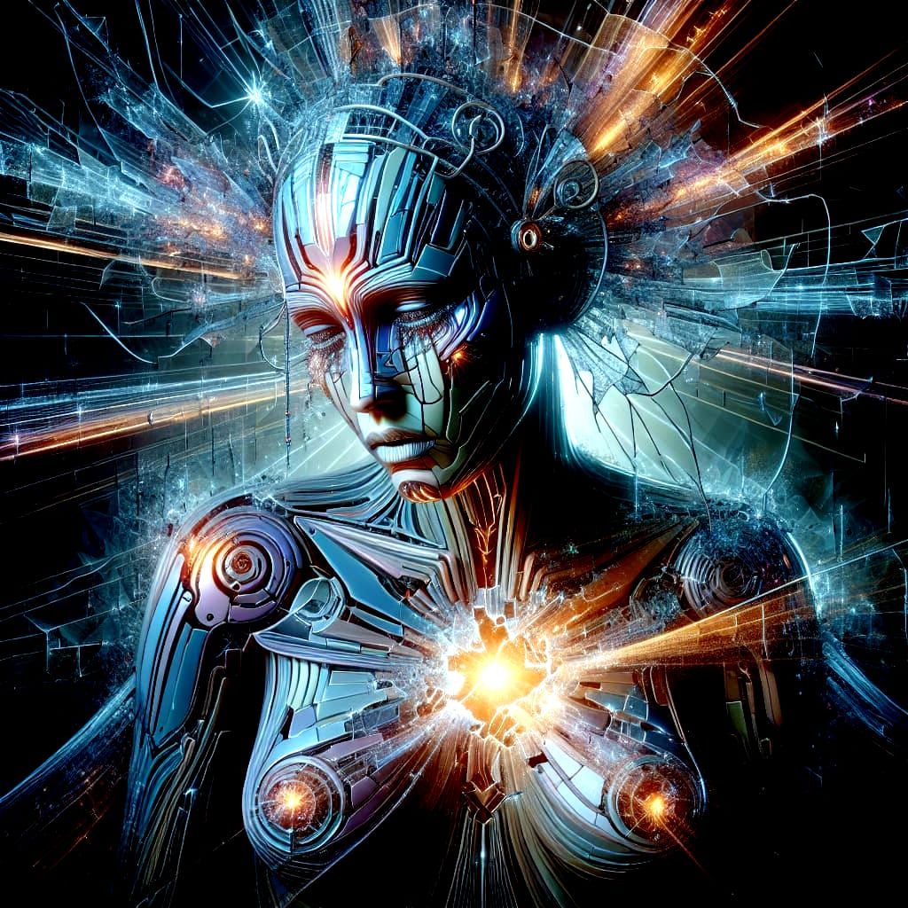 Shattered Robot Woman: A Gothic Glass Sculpture of Grief