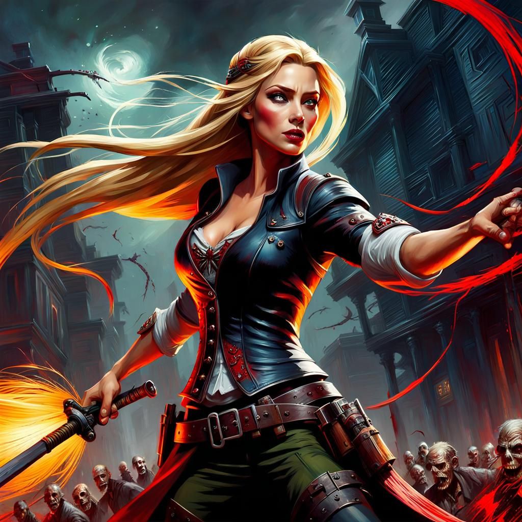 Post-Apocalyptic Rapunzel Slaying Zombies in Impasto Style
