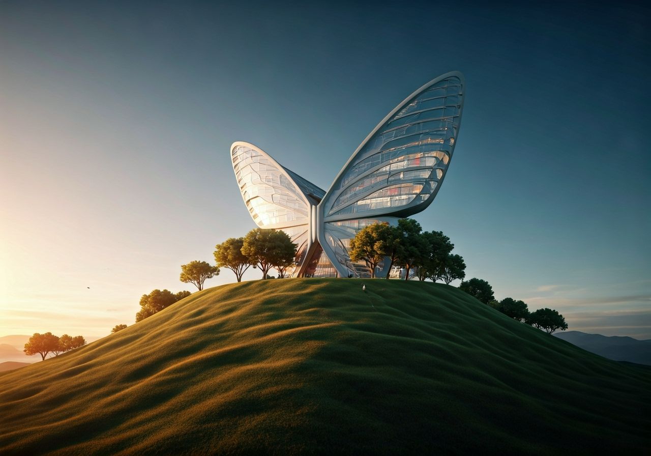Minimalist Butterfly Building on a Hill: Aerial View